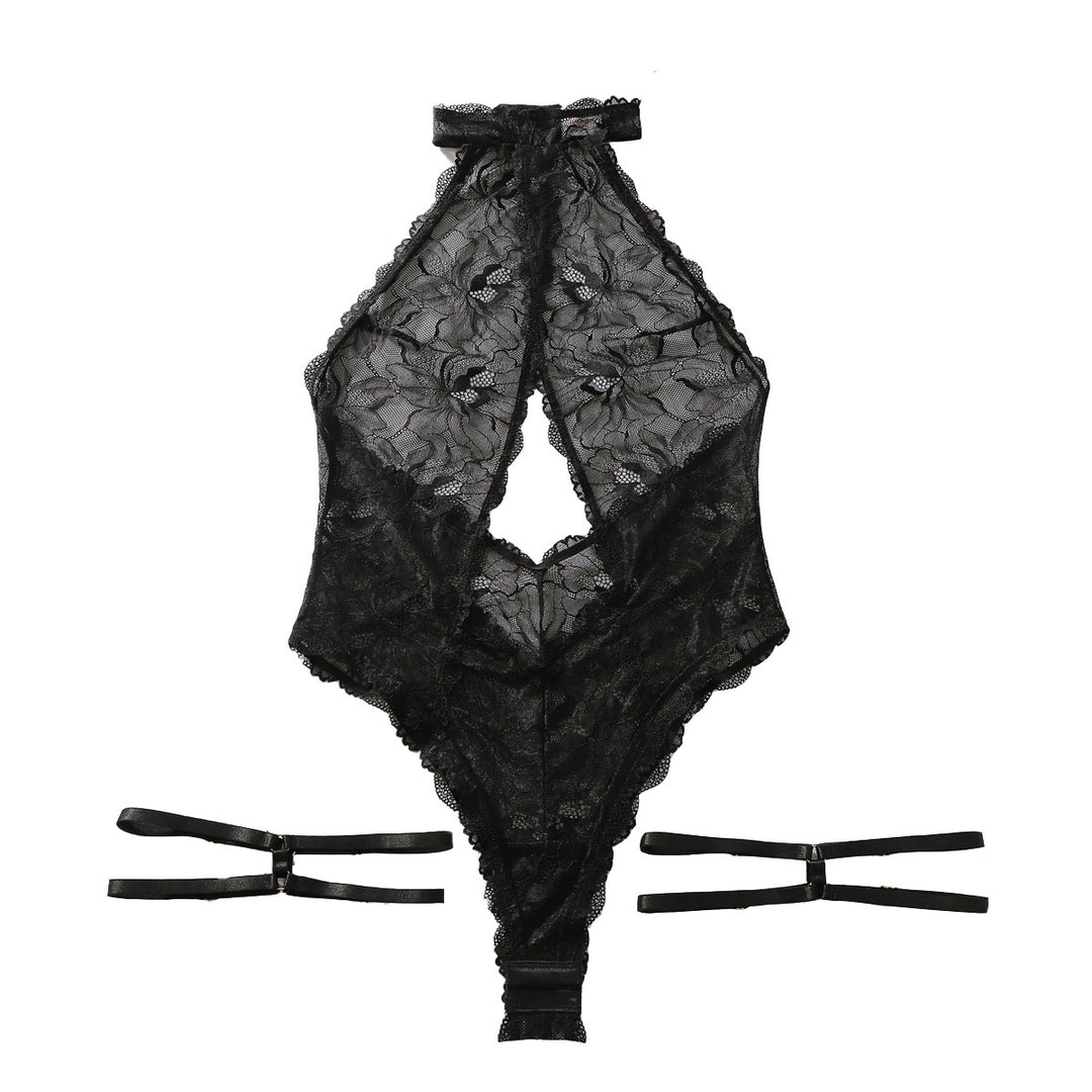 Black Floral Lace Halter Cutout Bodysuit