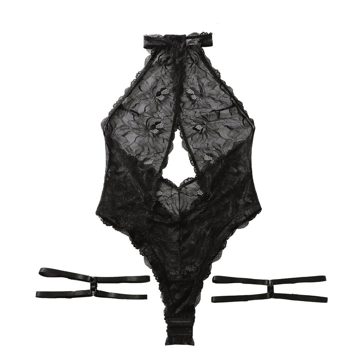 Black Floral Lace Halter Cutout Bodysuit
