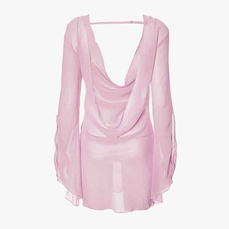 Draped‑Neck Long‑Sleeve Sheer Dress