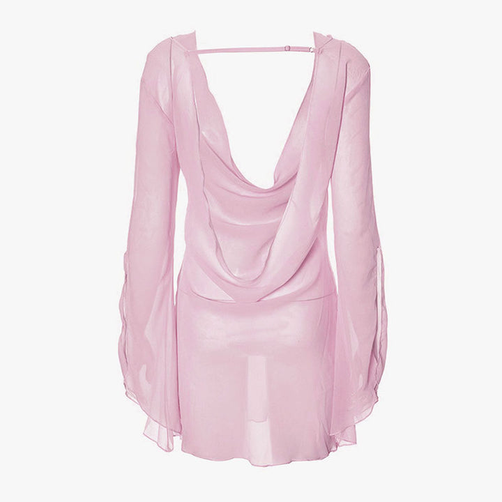 Draped‑Neck Long‑Sleeve Sheer Dress