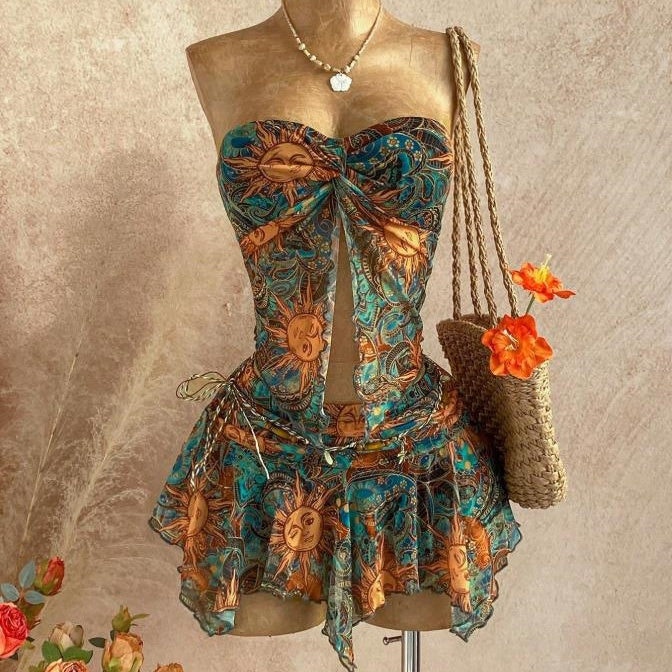 Sun‑Print Strapless Ruffled Skirt