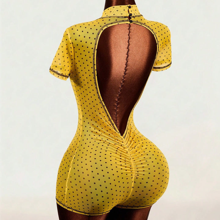 Polka‑dot Mesh High‑neck  Bodysuit