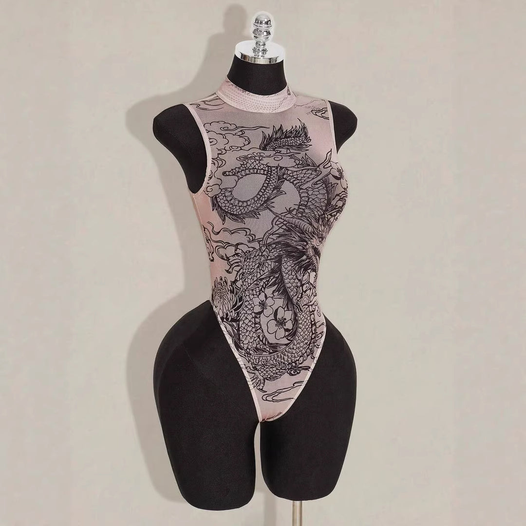 Sheer Mesh Dragon Print Bodysuit