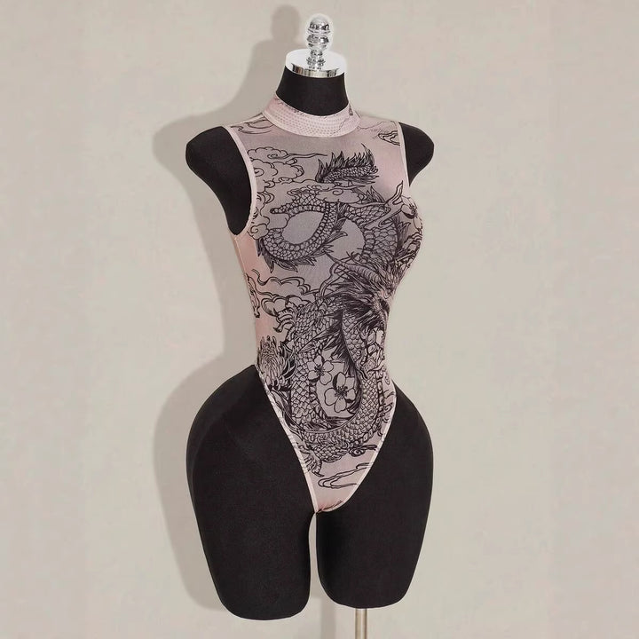 Sheer Mesh Dragon Print Bodysuit