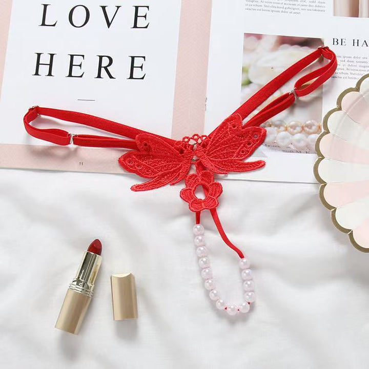Butterfly‑Embroidered Pearl Thong