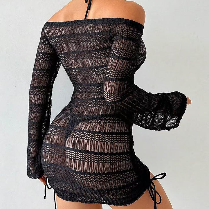 Off Shoulder Mesh Long Sleeve  Dress