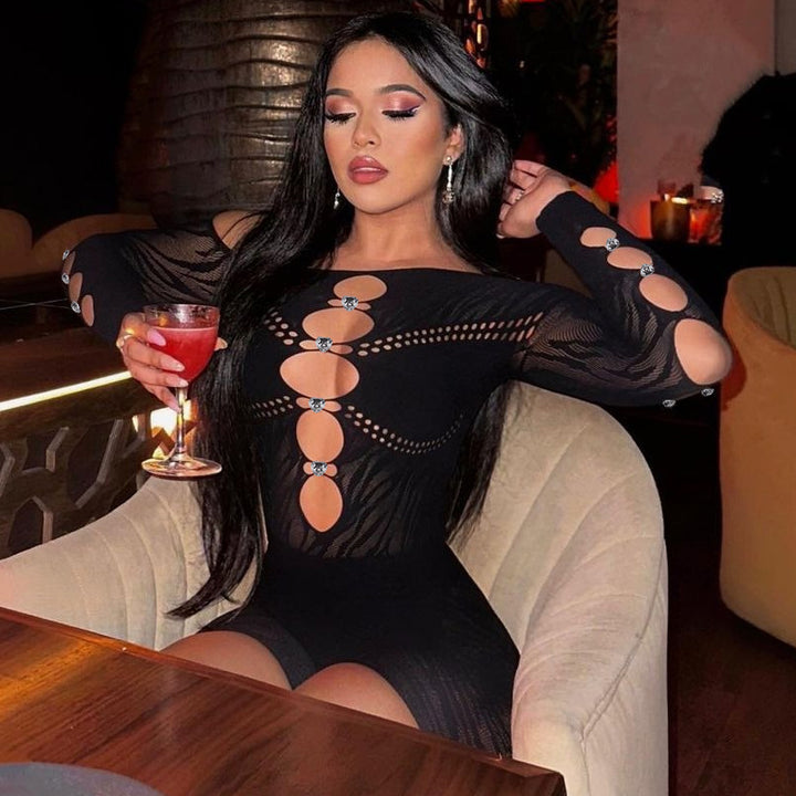 Off‑Shoulder Cut‑Out Zebra‑Mesh Jumpsuit