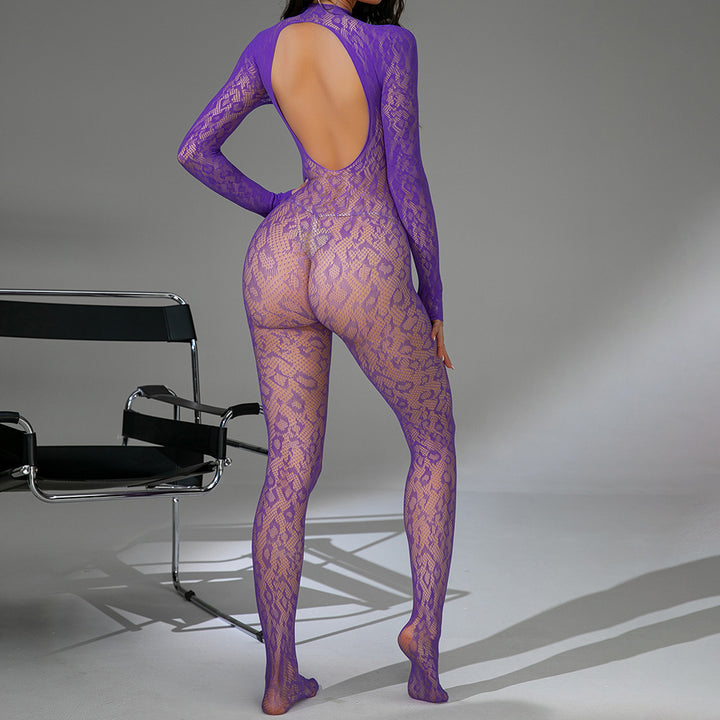 Snake‑Pattern Lace Long‑Sleeve Bodystocking