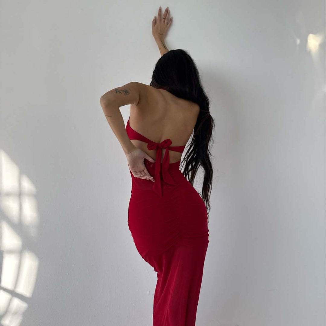 Halter Back Tie Sheer Mesh Dress