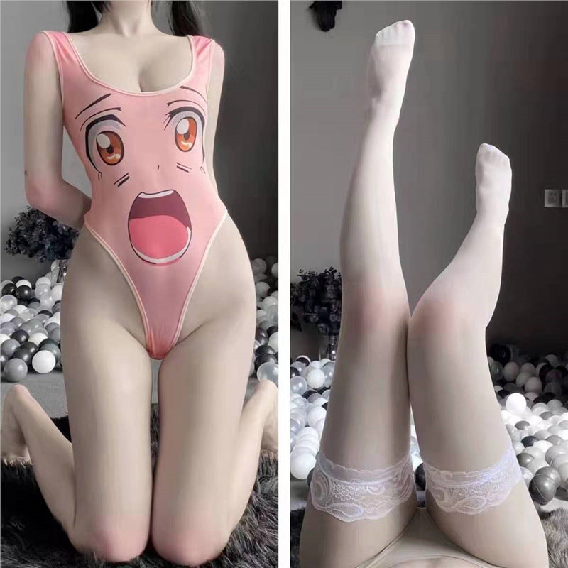 Anime Face Print U-Neck Bodysuit