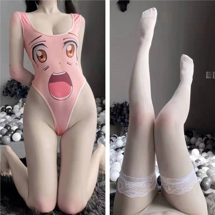 Anime Face Print U-Neck Bodysuit