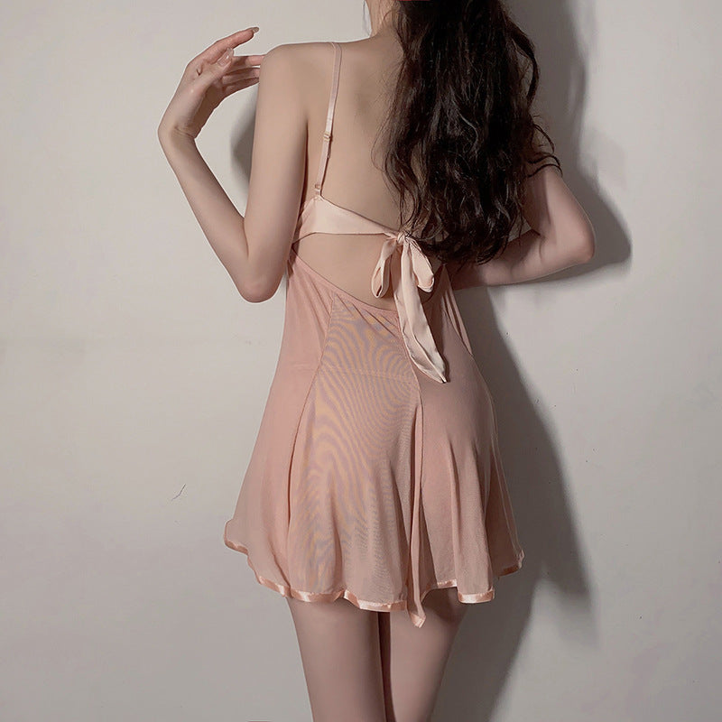 Lace‑Bow Sheer Mesh Nightgown