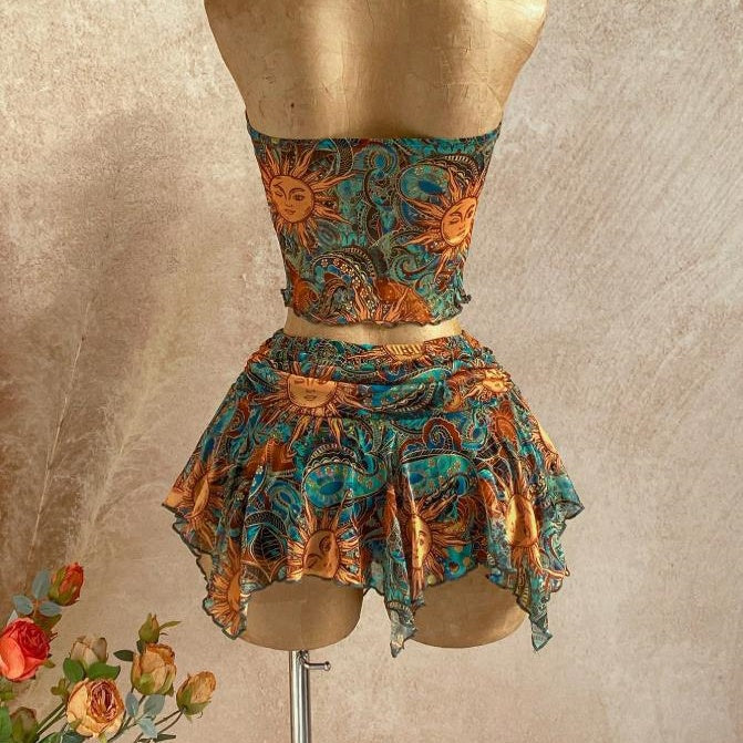 Sun‑Print Strapless Ruffled Skirt