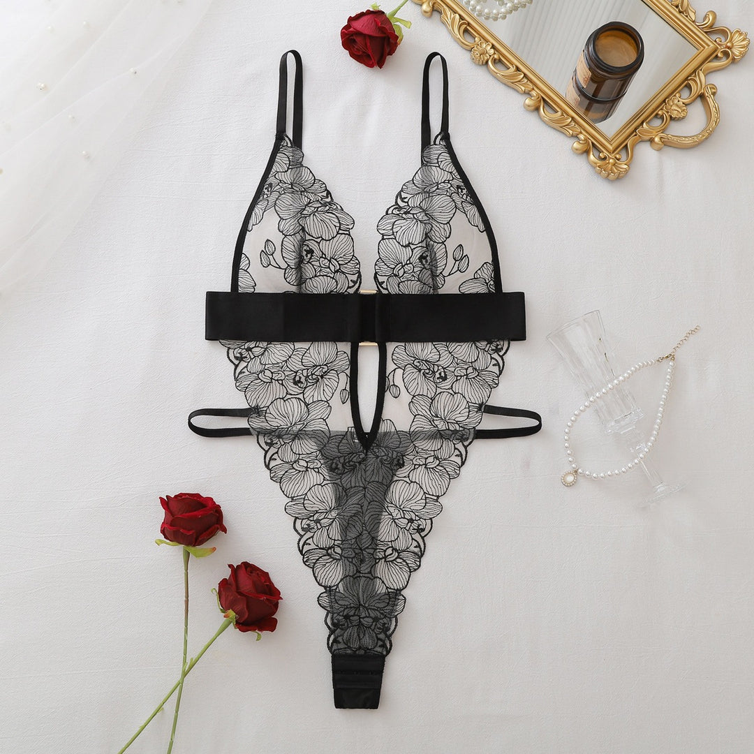 Floral‑Lace Deep‑V  Bodysuit