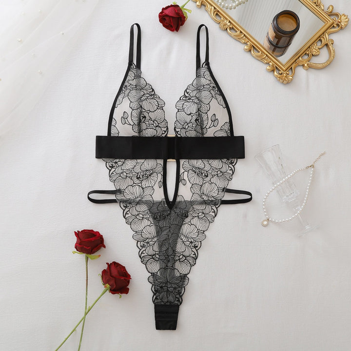 Floral‑Lace Deep‑V  Bodysuit