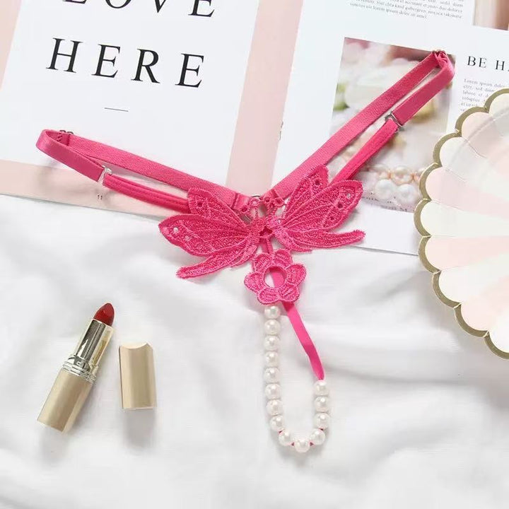 Butterfly‑Embroidered Pearl Thong