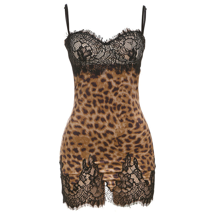 Leopard Print Eyelash Lace Spaghetti Dress