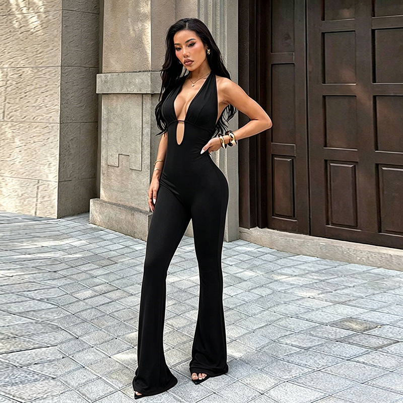 Deep V Halter Flared Leg Jumpsuit