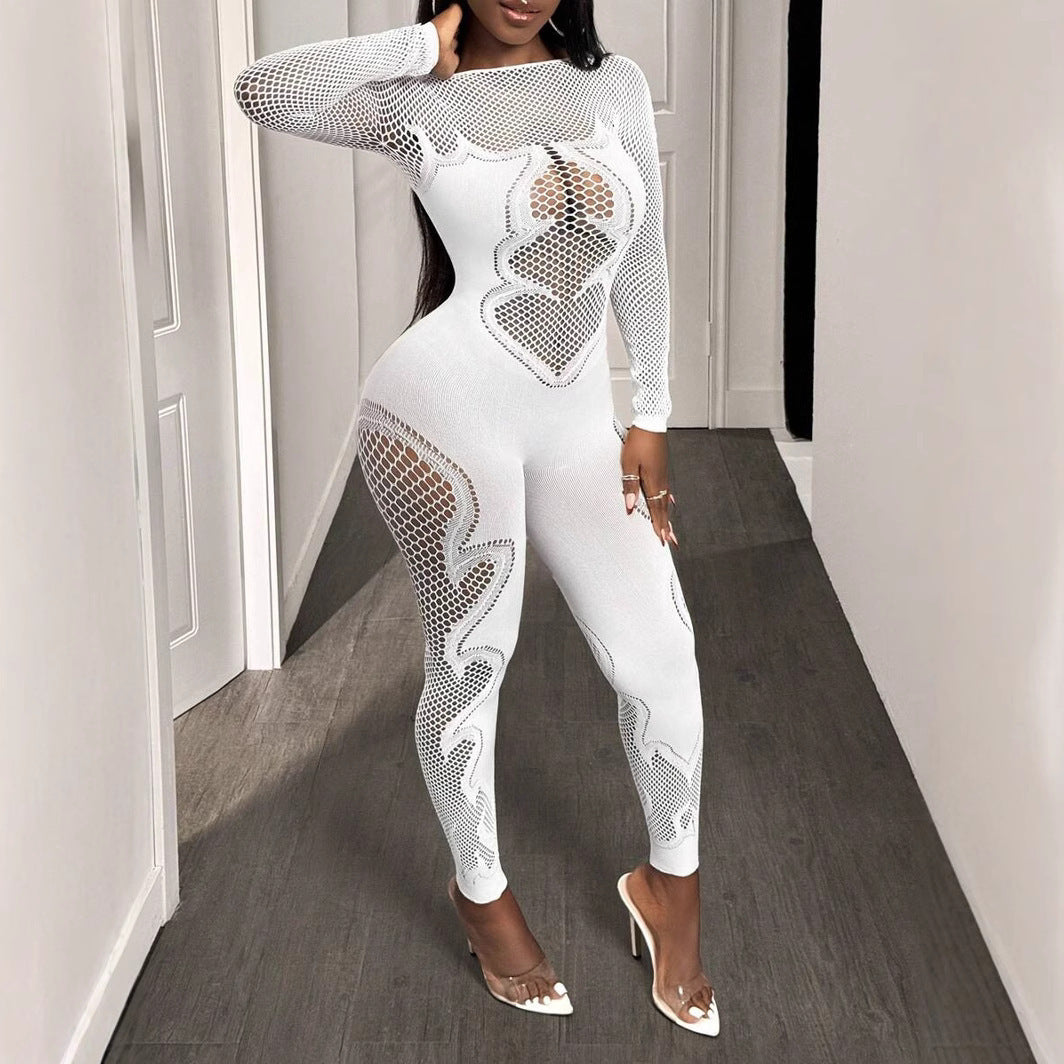 Long Sleeve Patterned Fishnet Mesh Jumpsuit