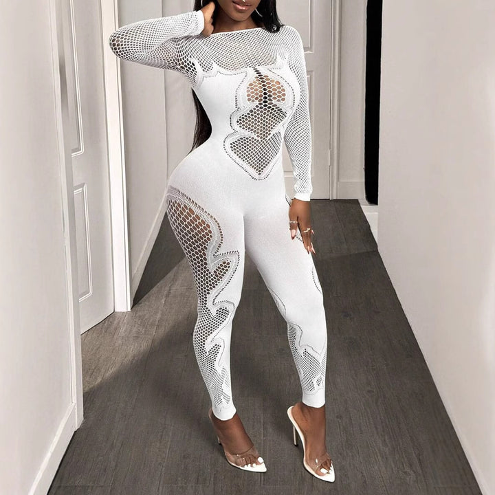 Long Sleeve Patterned Fishnet Mesh Jumpsuit