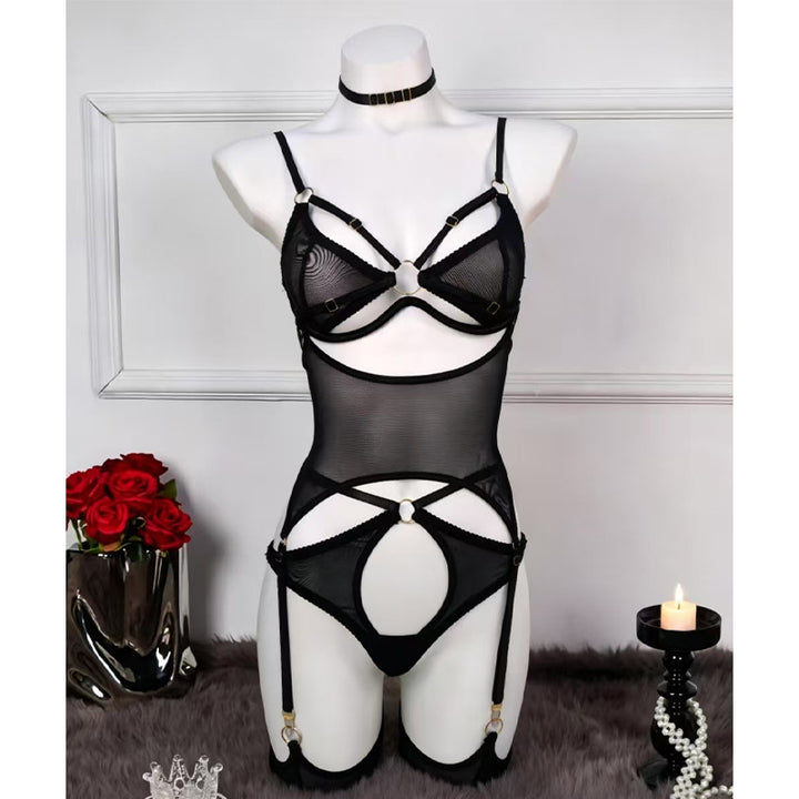 Cutout Mesh Strappy Garter Lingerie
