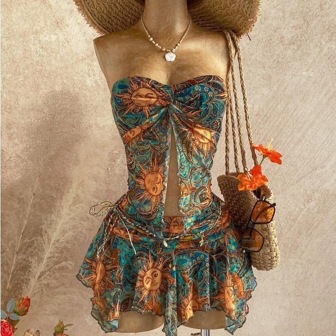 Sun‑Print Strapless Ruffled Skirt