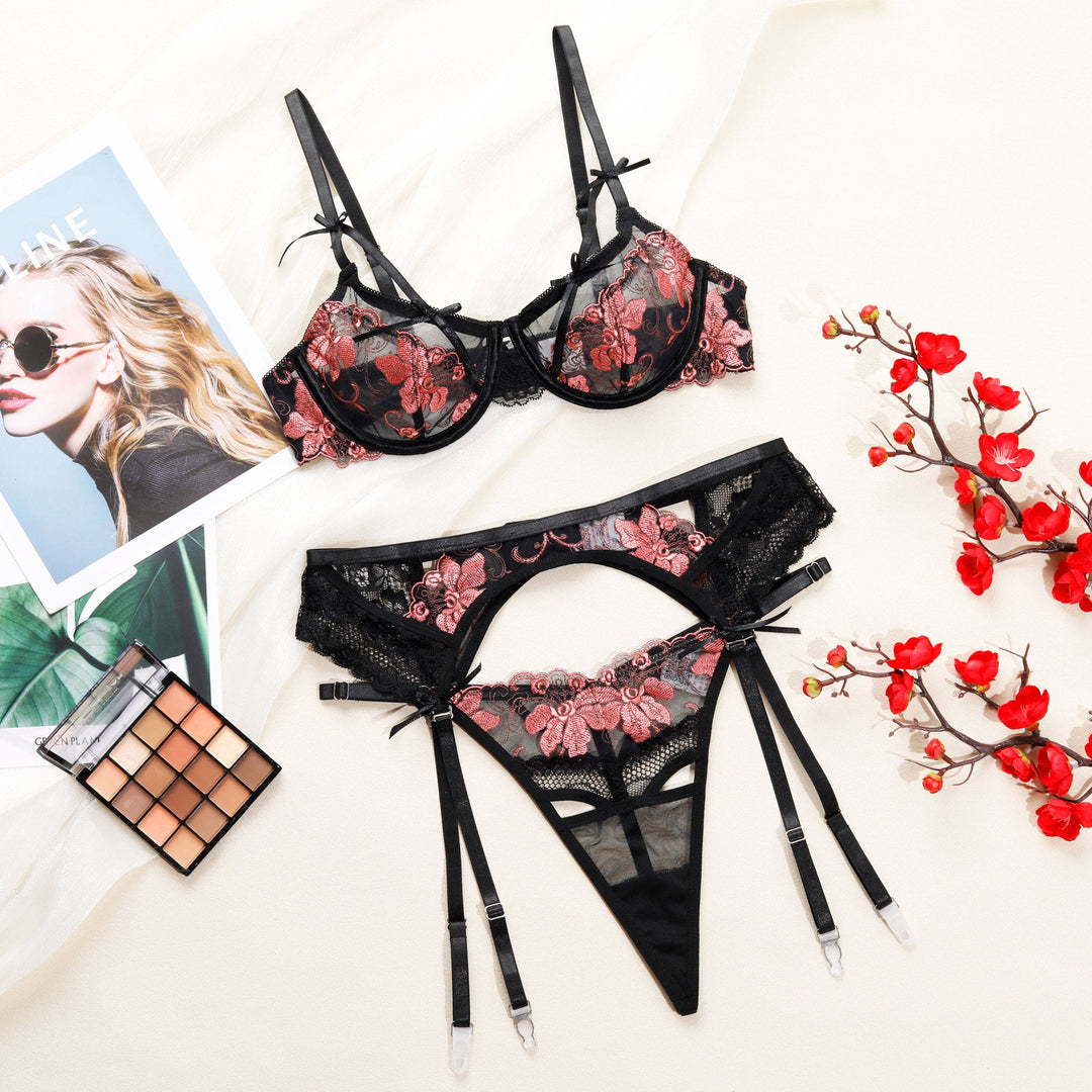 Floral Embroidery Bow Garter Lingerie