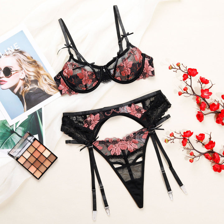 Floral Embroidery Bow Garter Lingerie