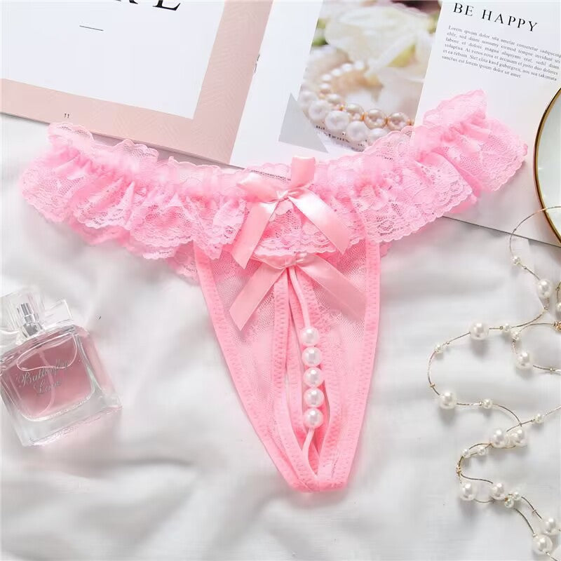 Open‑Crotch Pearl Bow Thong Panty