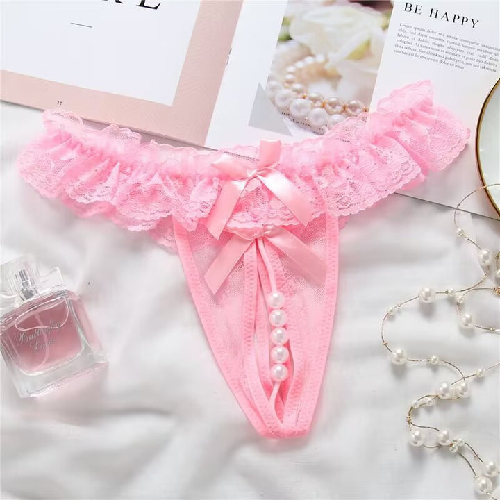 Open‑Crotch Pearl Bow Thong Panty