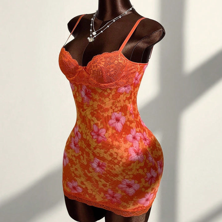 Floral‑Print Lace Trim Cami Dress