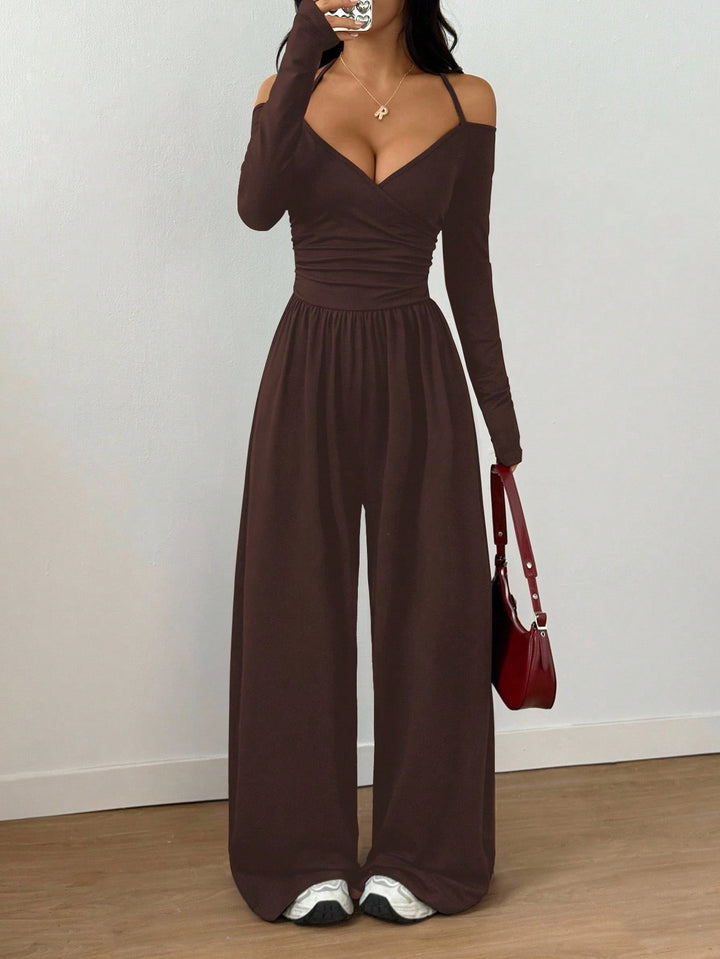Women’s Off-Shoulder Ruched Wide-Leg Jumpsuit