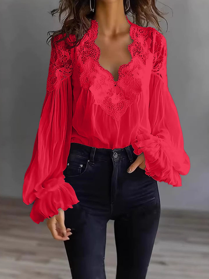 Women’s Lace-Trim Puff Sleeve Pleated Blouse
