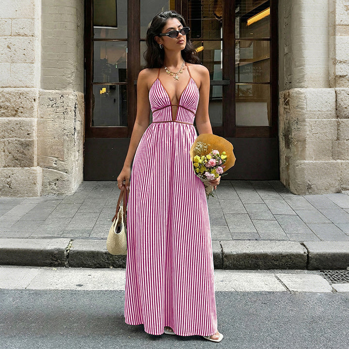 Striped Deep V-Neck Halter Backless Maxi Dress