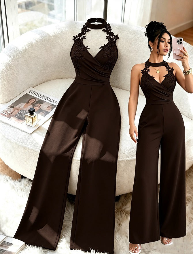 Elegant Lace Halter Deep V Wide-Leg Jumpsuit