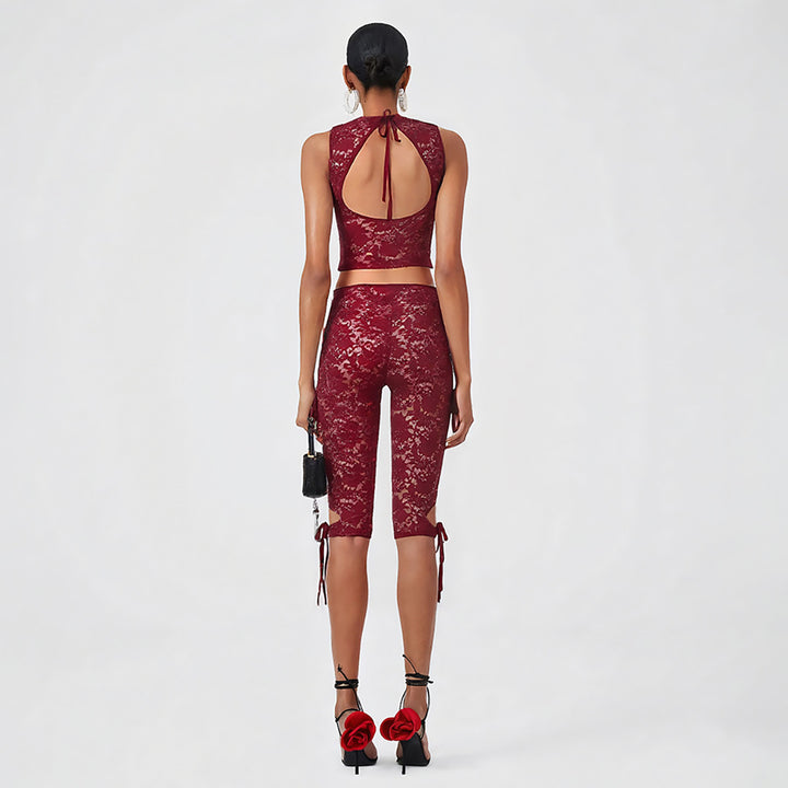 Lace-Up Back Cutout Top Set