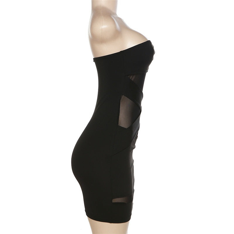 Strapless Mesh Spliced Ruched Dress