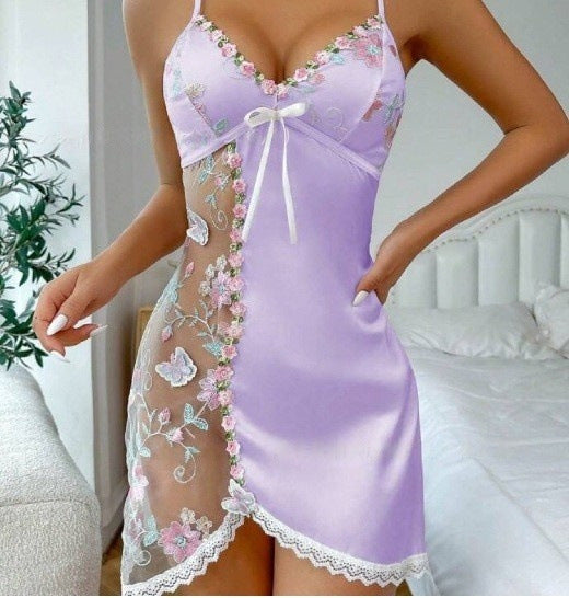 Floral Embroidery Lace Backless  Nightgown