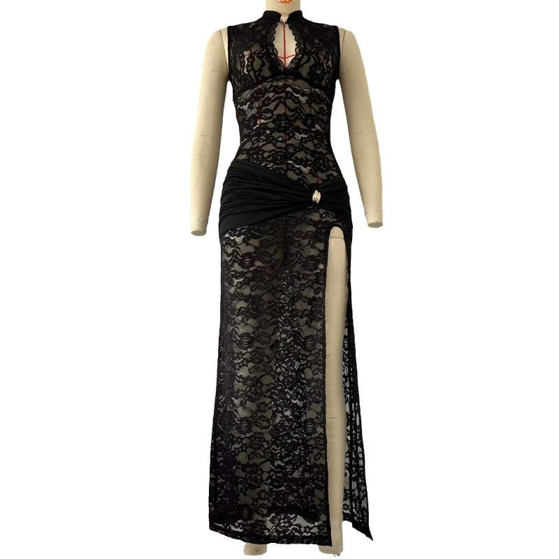 Cheongsam Collar Sleeveless Lace Dress