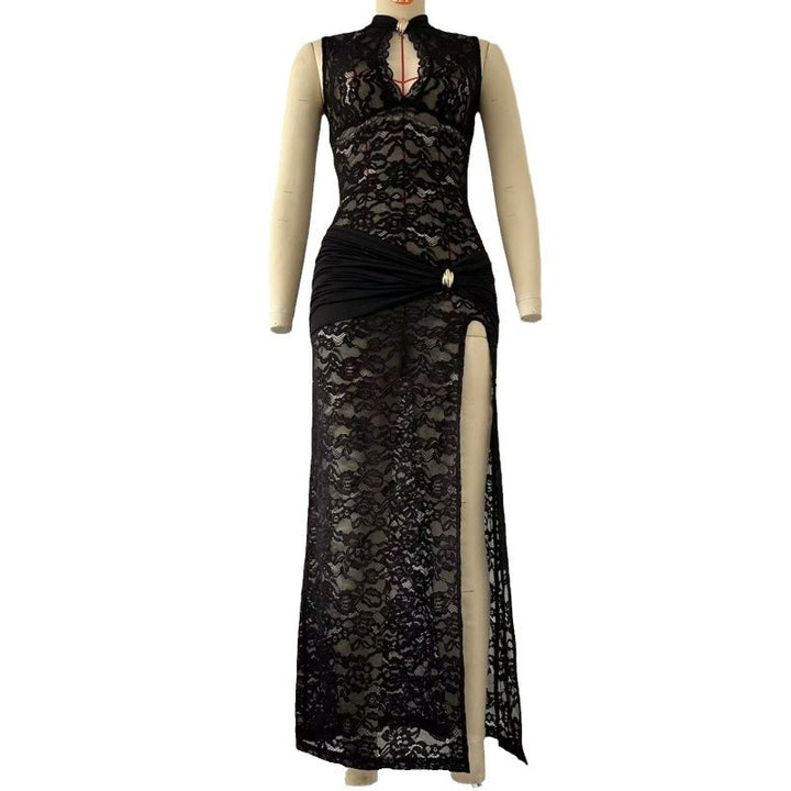 Cheongsam Collar Sleeveless Lace Dress