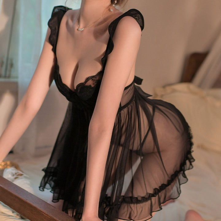 Ruffle‑Trim Lace Mesh Nightgown