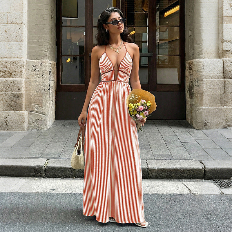 Striped Deep V-Neck Halter Backless Maxi Dress