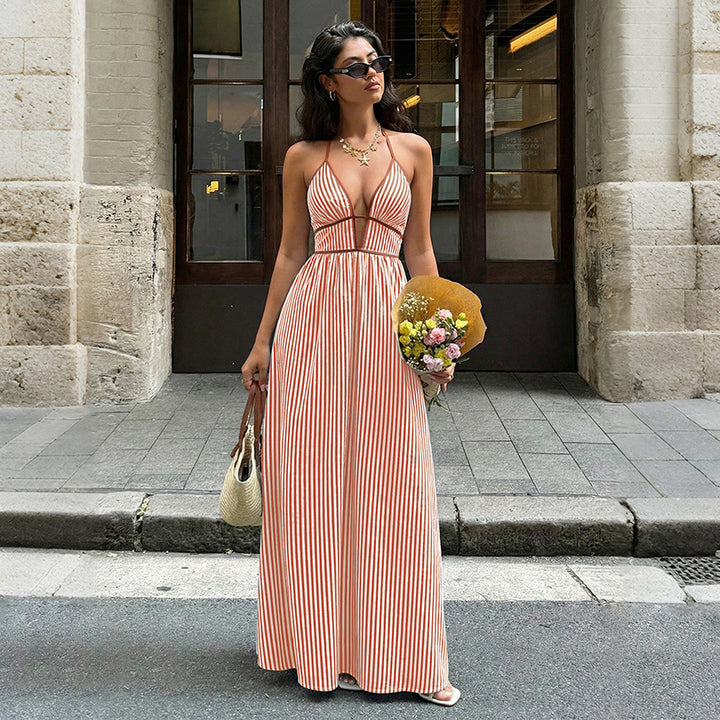Striped Deep V-Neck Halter Backless Maxi Dress