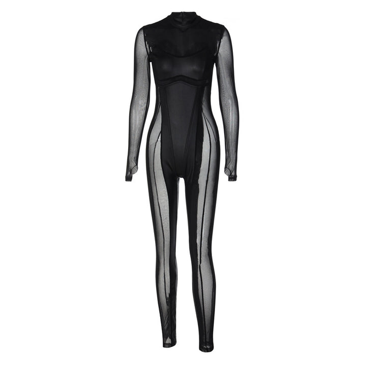 Long Sleeve Faux Leather Mesh Jumpsuit