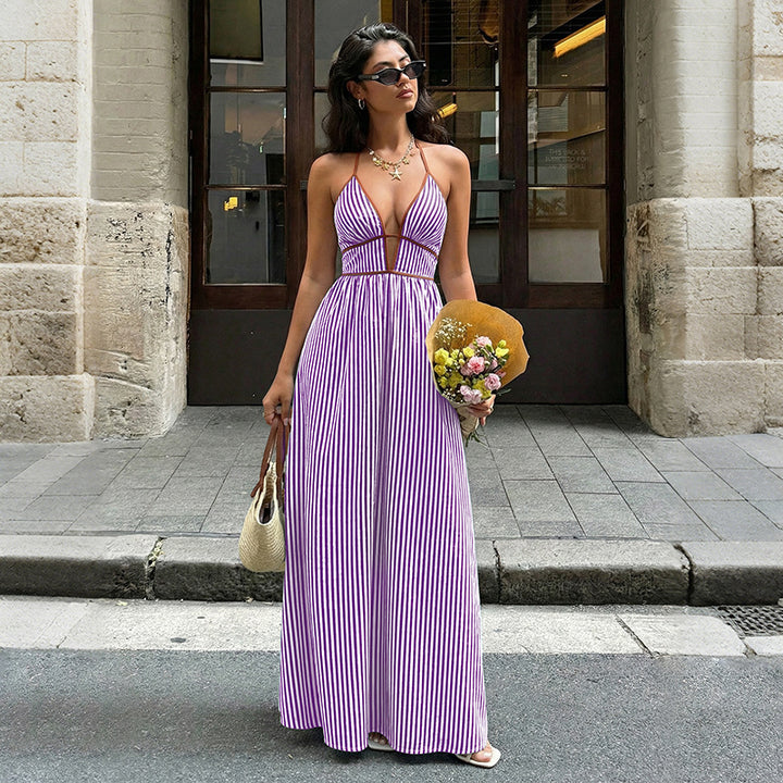 Striped Deep V-Neck Halter Backless Maxi Dress