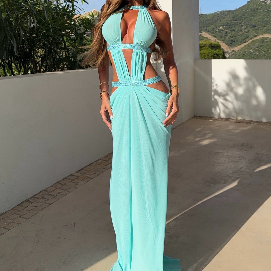 Halter Multi‑Cutout Sequin‑Trim Gown