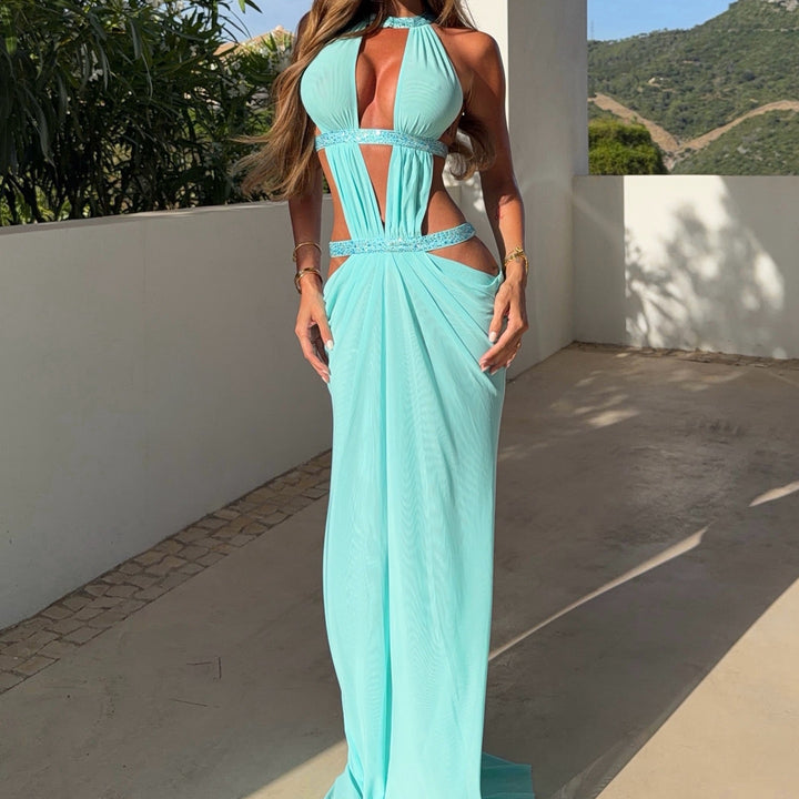 Halter Multi‑Cutout Sequin‑Trim Gown