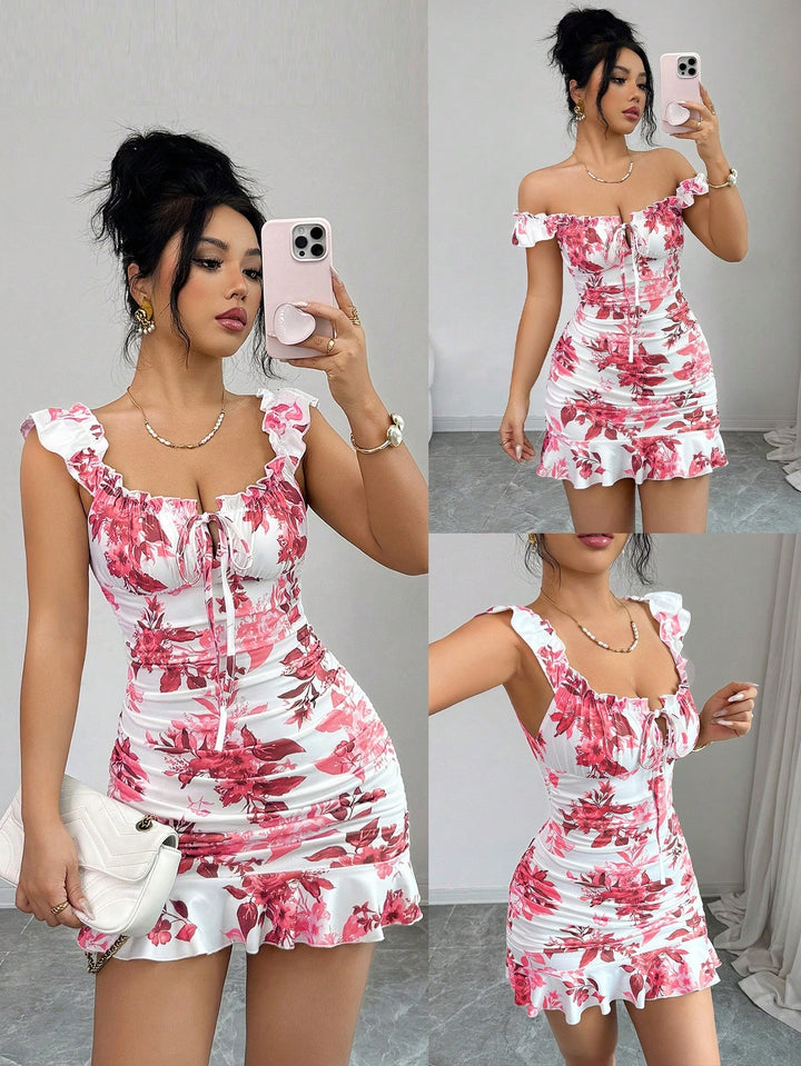 French Floral Ruched Ruffle Mini Dress