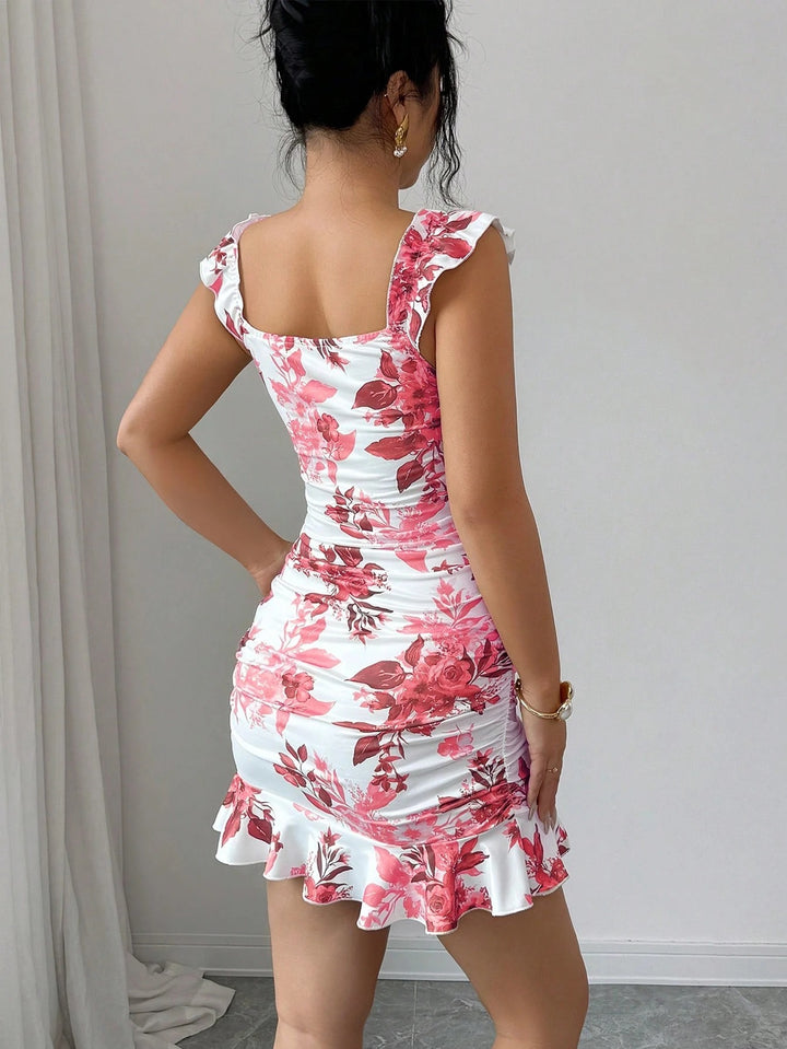 French Floral Ruched Ruffle Mini Dress
