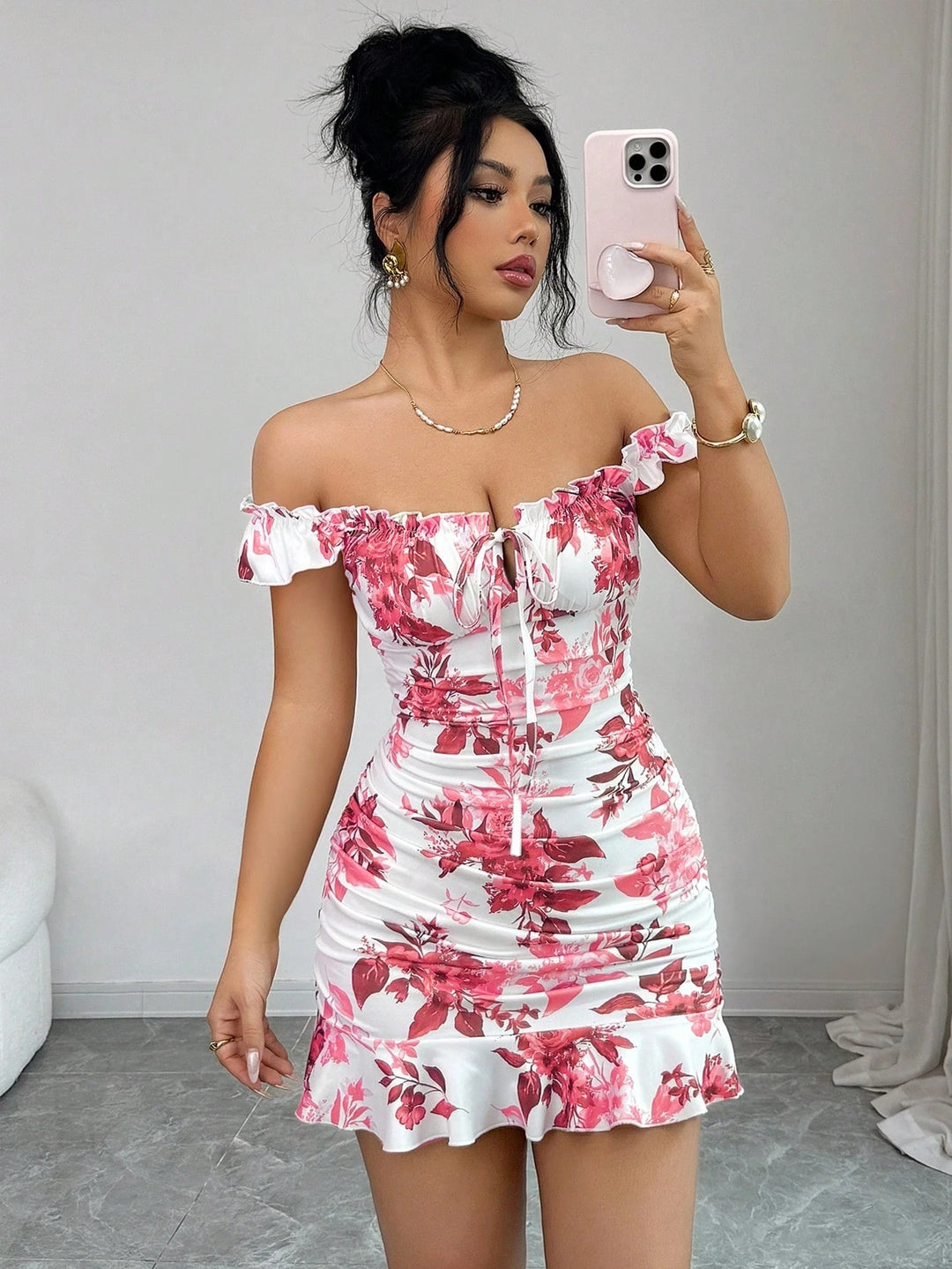 French Floral Ruched Ruffle Mini Dress